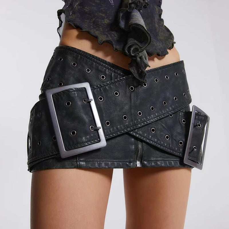 Low Waist Leather Buckle Skirt