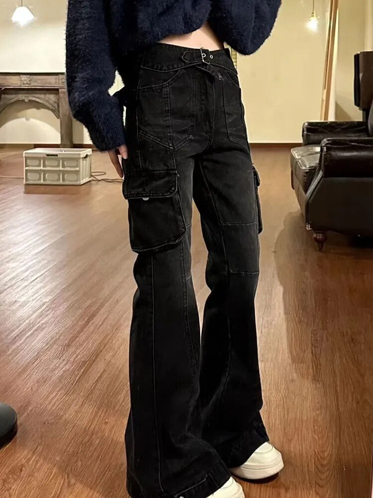 Slim Denim Flare Cargo Pants