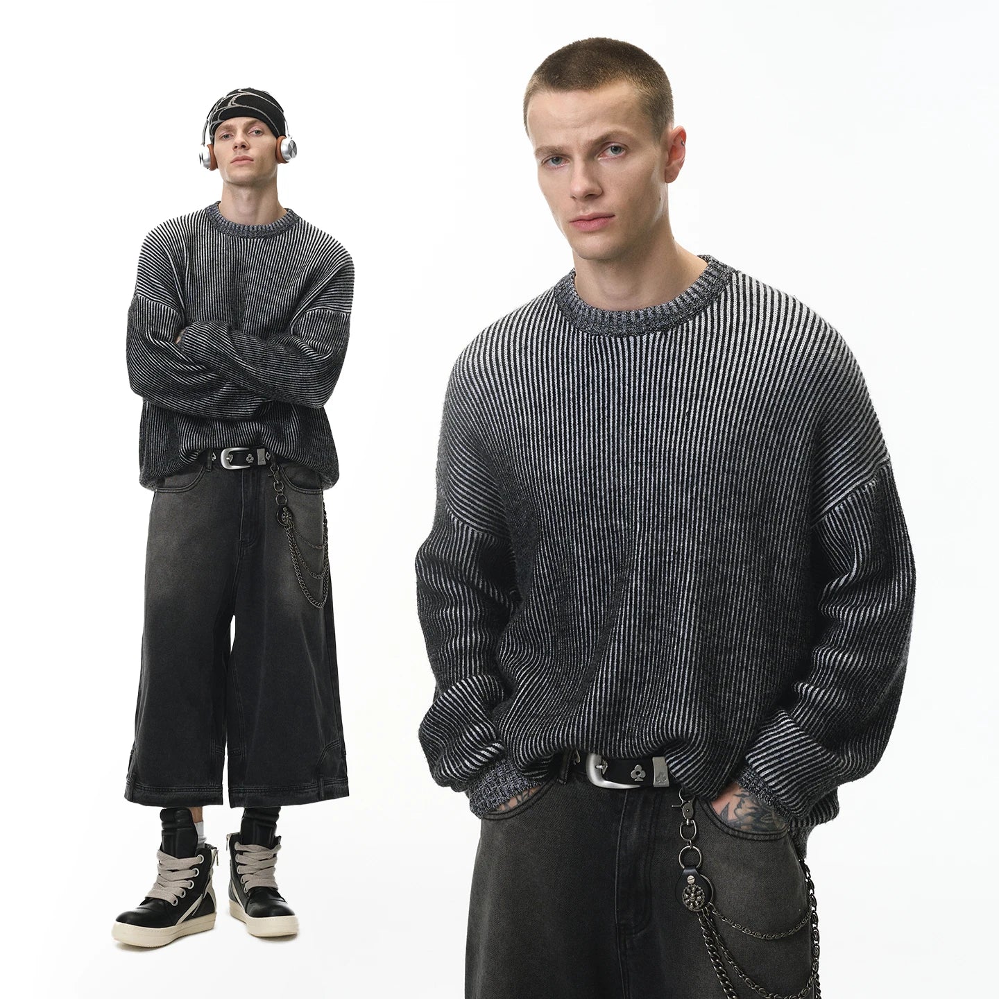 Steel Gradient Cable-Knit Sweater