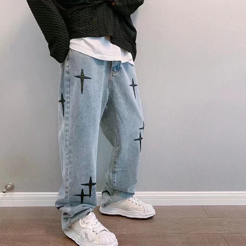 Y2K Cross Embroidery Retro Washed Denim Pants
