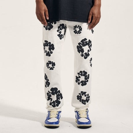 White Flower Denim Pants