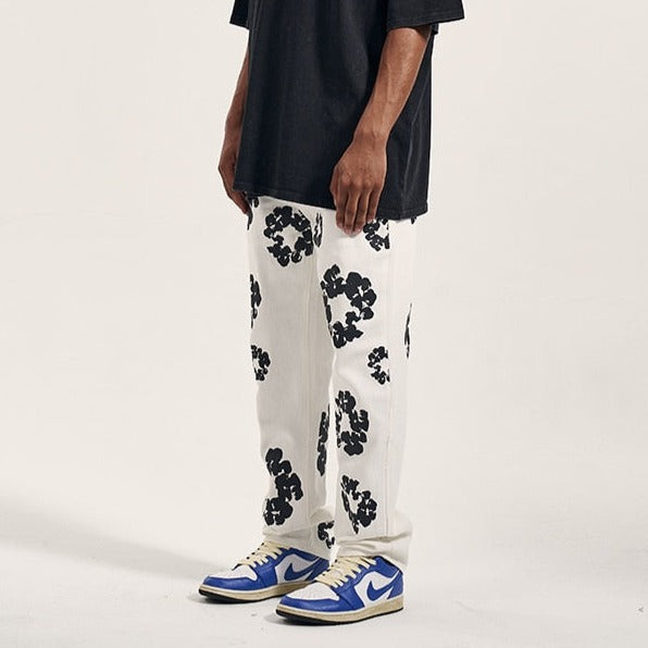 White Flower Denim Pants