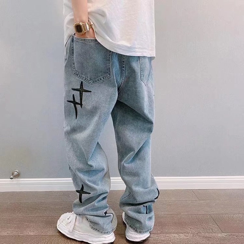 Y2K Cross Embroidery Retro Washed Denim Pants