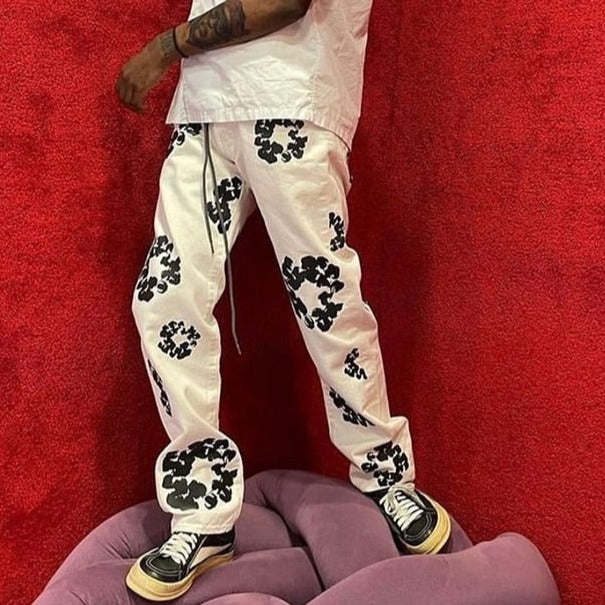 White Flower Denim Pants