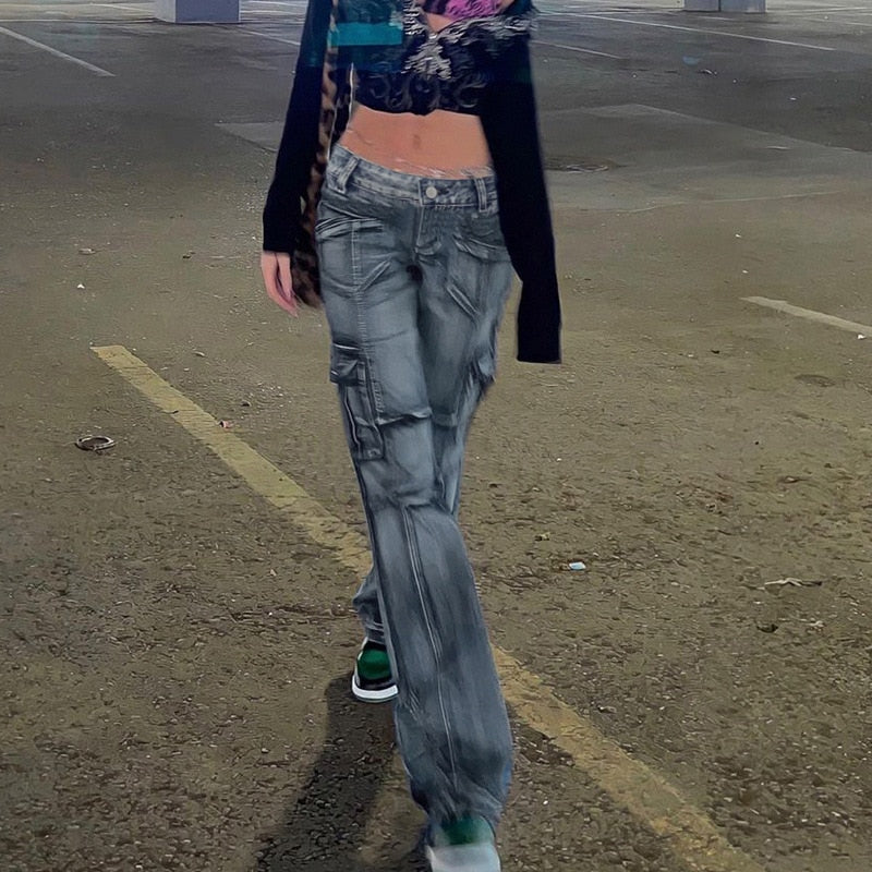 Low Waist Vintage Denim Cargo Pants