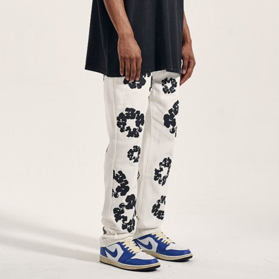 White Flower Denim Pants