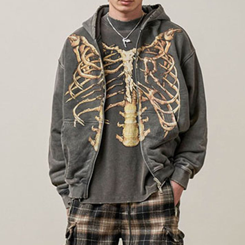 Vintage Skeleton Printed Zip Hoodie - SHIRO KAGE