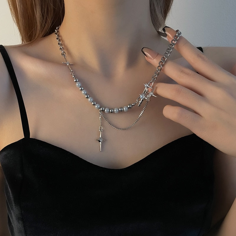 Cross Star Pearl Brace Necklace