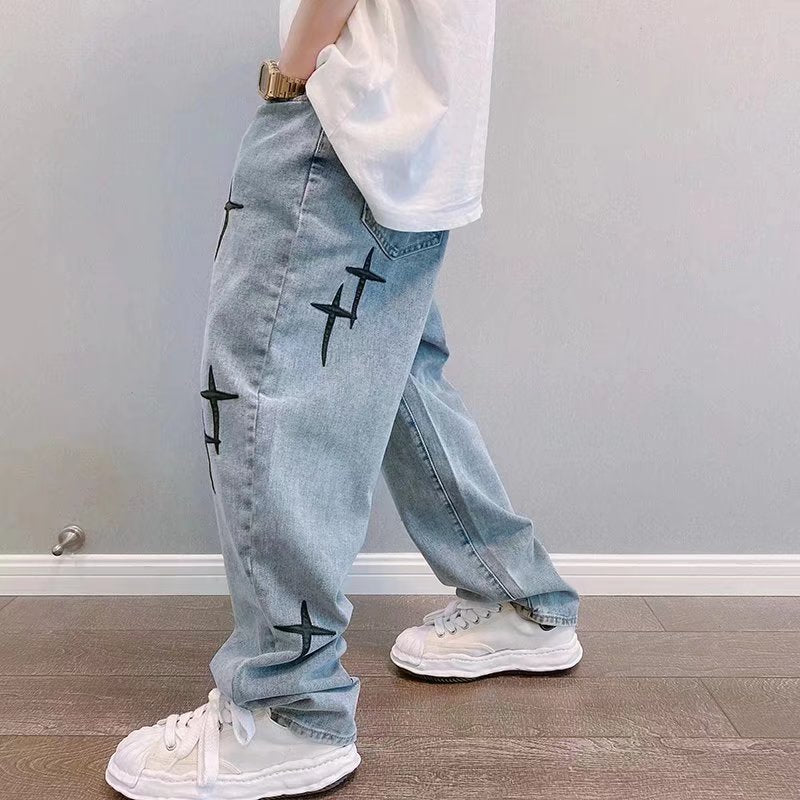 Y2K Cross Embroidery Retro Washed Denim Pants
