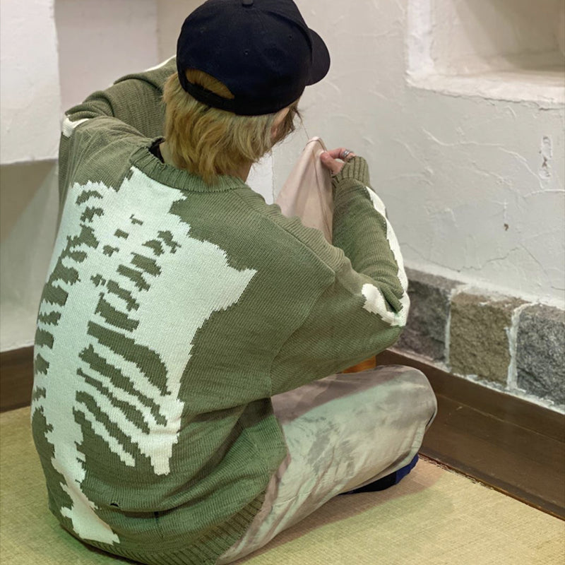 Sage Green Skeleton Knitted Sweater - SHIRO KAGE